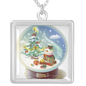 Snow Globe With Snowman And Christmas Tree Silver Plated Necklace by ZZVE_illustrations at Zazzle