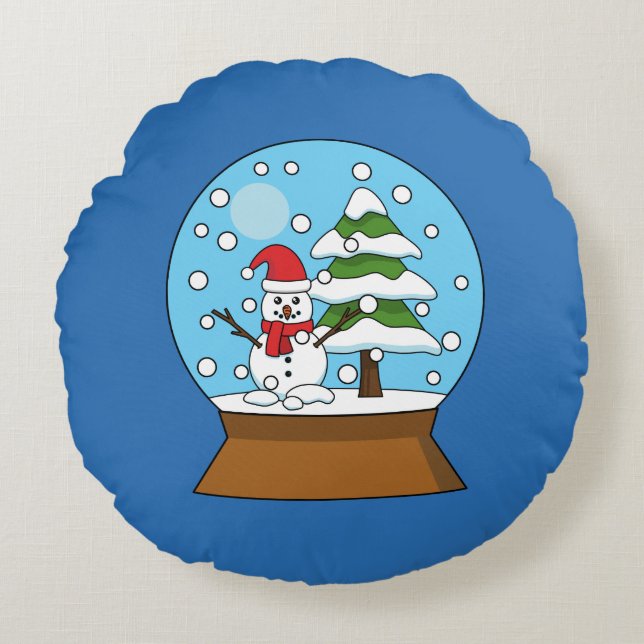 Snow Globe with Snowman and Pine Tree Round Pillow (Front)