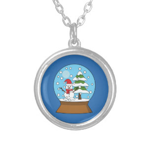 Snow Globe with Snowman and Pine Tree Silver Plated Necklace