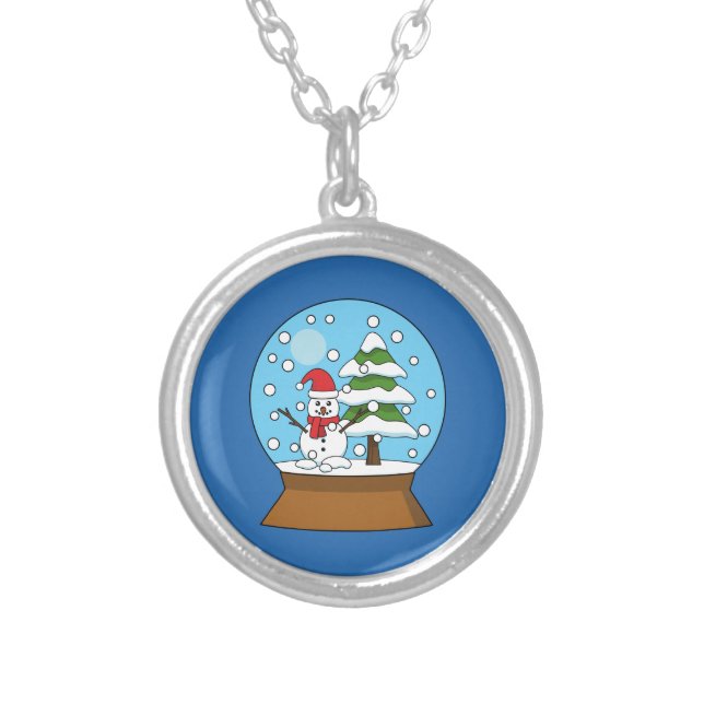 Snow Globe with Snowman and Pine Tree Silver Plated Necklace (Front)