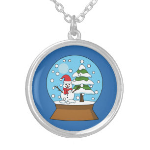Snow Globe with Snowman and Pine Tree Silver Plated Necklace