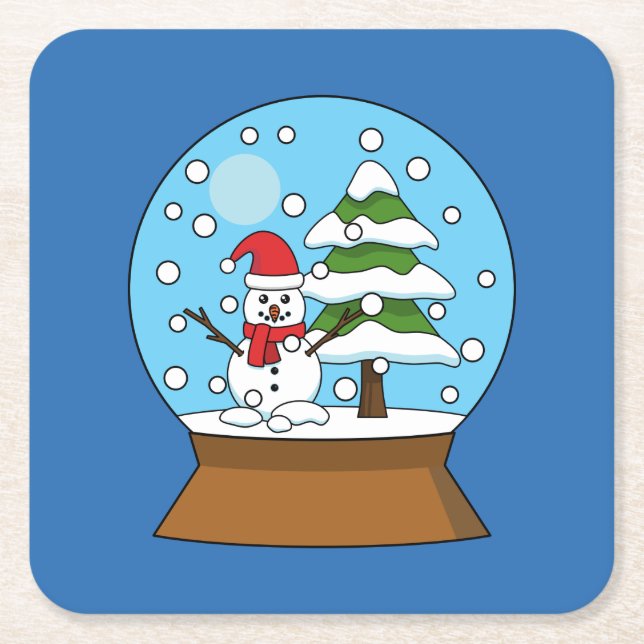 Snow Globe with Snowman and Pine Tree Square Paper Coaster (Front)