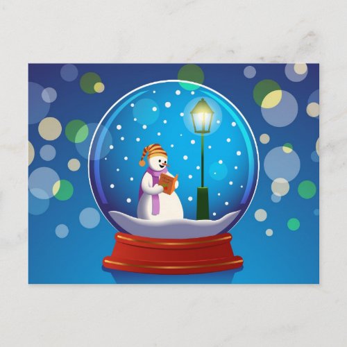 Snow globe with snowman singing postcard