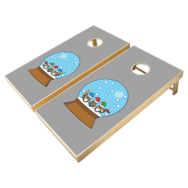 Snow Globe with Three Gnome Owls Cornhole Set (Angled)