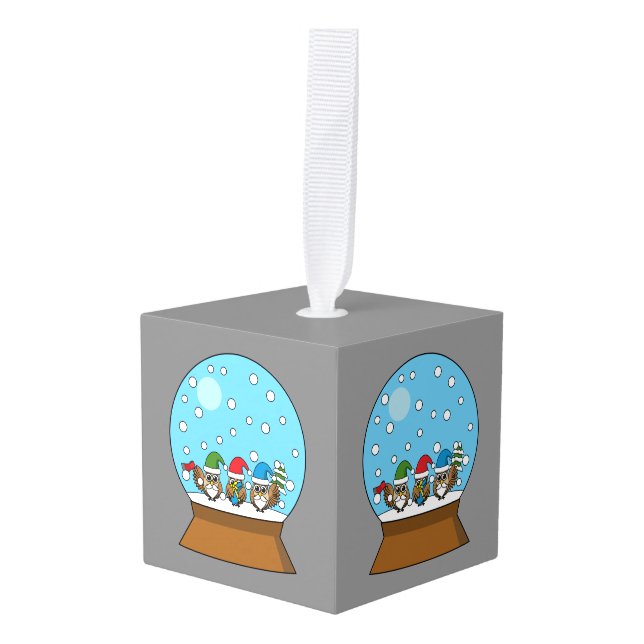 Snow Globe with Three Gnome Owls Cube Ornament (Front Angled)