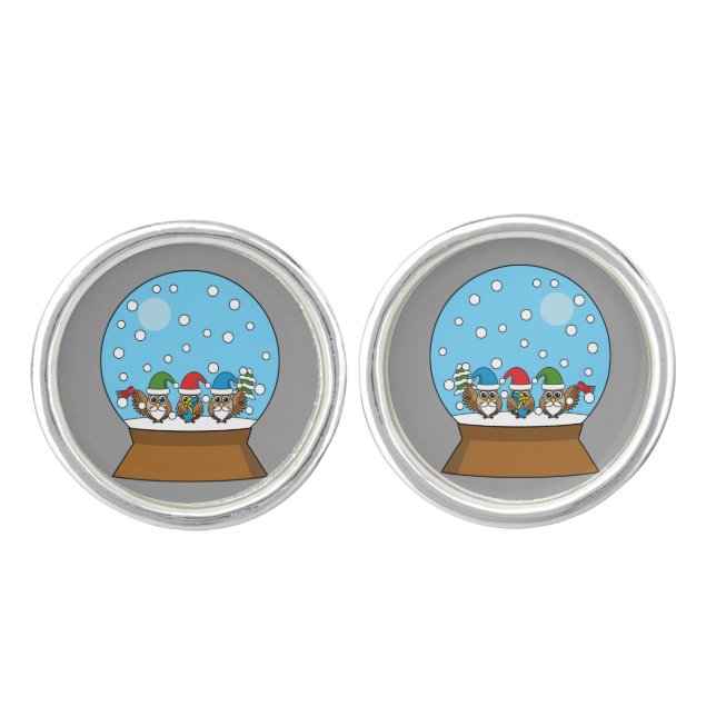 Snow Globe with Three Gnome Owls Cufflinks (Front)