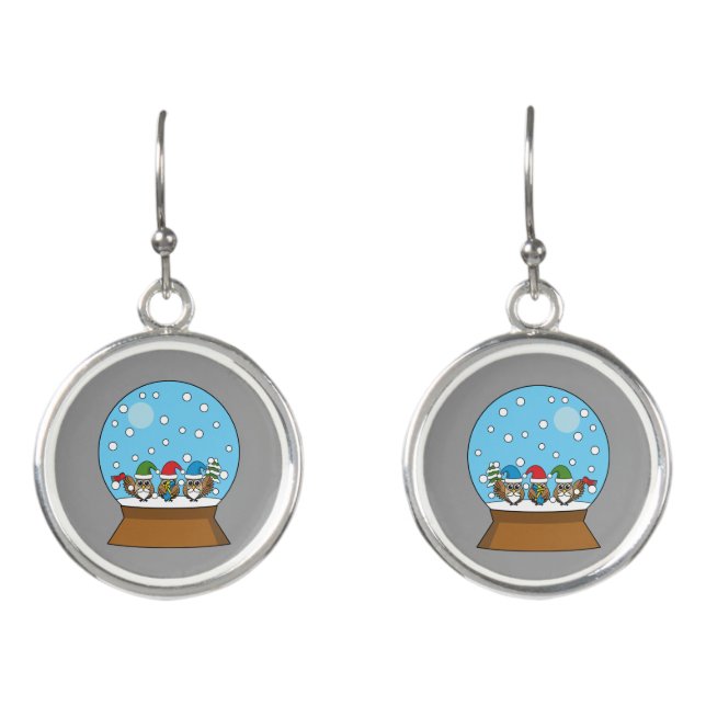 Snow Globe with Three Gnome Owls Earrings (Front)