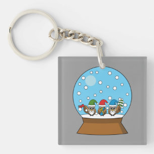 Snow Globe with Three Gnome Owls Keychain