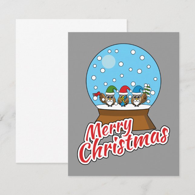 Snow Globe with Three Gnome Owls Note Card (Front/Back)