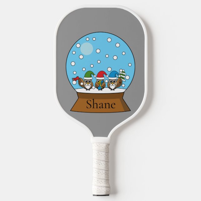 Snow Globe with Three Gnome Owls | Personalize  Pickleball Paddle (Front)