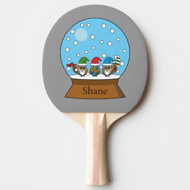 Snow Globe with Three Gnome Owls | Personalize  Ping Pong Paddle (Front)