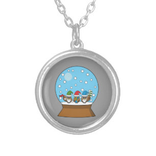 Snow Globe with Three Gnome Owls Silver Plated Necklace