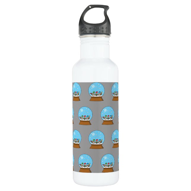 Snow Globe with Three Gnome Owls Stainless Steel Water Bottle (Front)