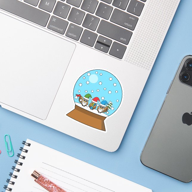 Snow Globe with Three Gnome Owls Sticker (Laptop w/ iPhone)