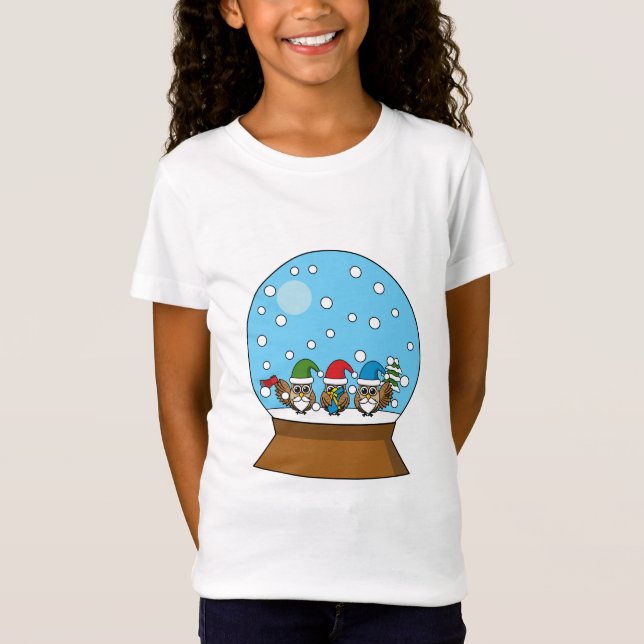 Snow Globe with Three Gnome Owls T-Shirt (Front)