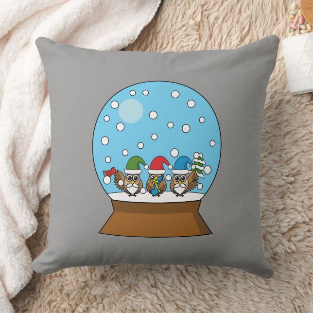 Snow Globe with Three Gnome Owls Throw Pillow (Blanket)