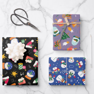 Snow Globes and Snowmen Set of 3 Wrapping Paper Sheets