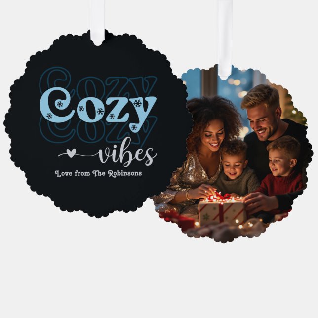 Snow Glow Cozy Vibes Retro Christmas Photo Ornament Card (Front/Back)