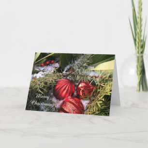 Snow Greenery and Red Sparkle Holiday Card