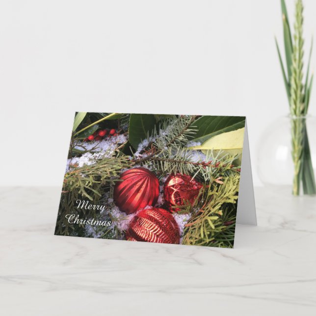 Snow Greenery and Red Sparkle Holiday Card (Front)