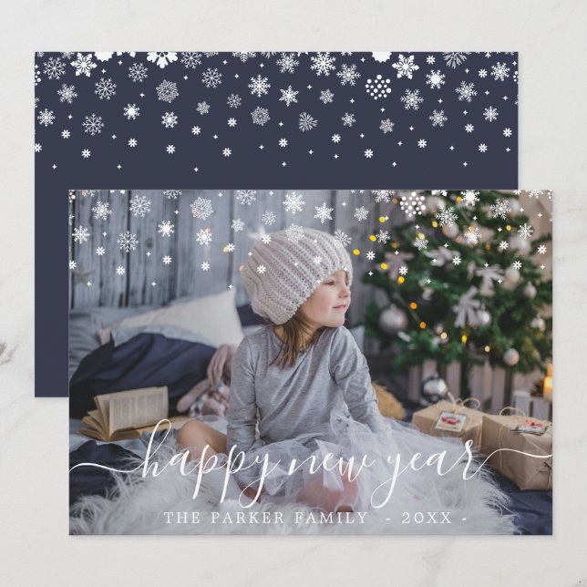Snow Happy New Year Photo Card (Front/Back)