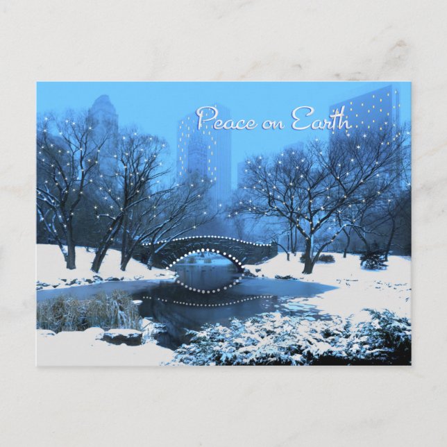 Snow & Holiday Lights in Central Park Peace Postcard (Front)