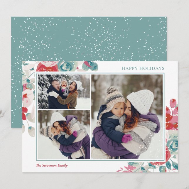 Snow holidays green red floral 3 photos holiday card (Front/Back)