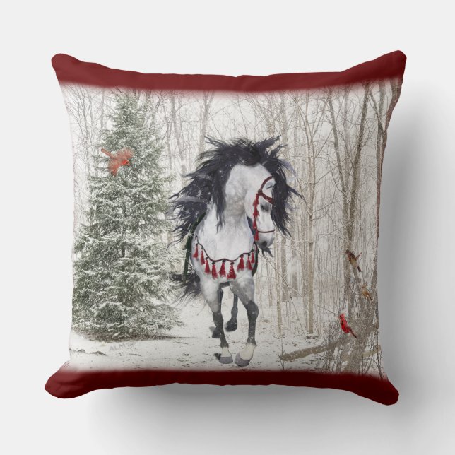 Snow Horse & Cardinals Throw Pillow (Front)