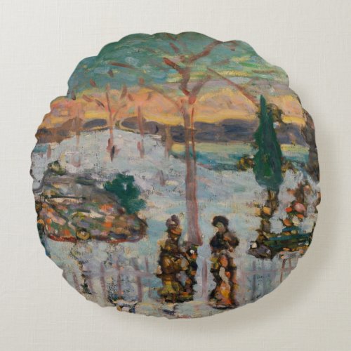Snow in April by Maurice Prendergast Vintage Art Round Pillow