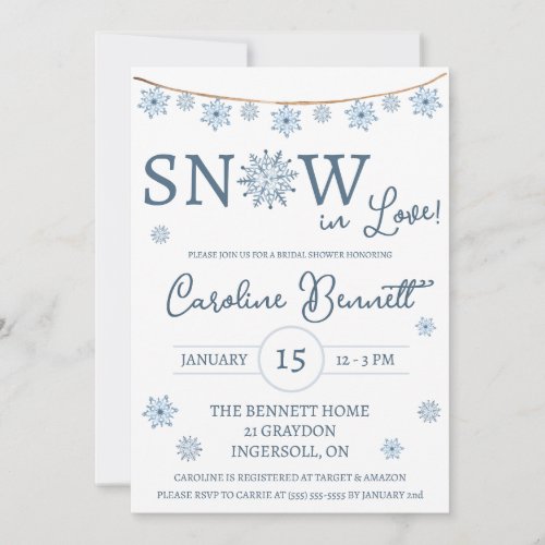 SNOW in Love Blue Snowflake Bridal Shower Invitation