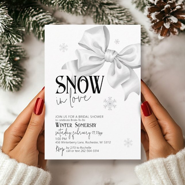 Snow In Love Bow Bridal Shower Snowflake Winter Invitation (Cute simple SNOW in Love minimalist snowflake white bow modern winter bridal shower invite)