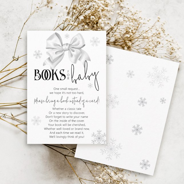 Snow In Love Bow Winter Books for Baby Shower Enclosure Card (Winter wonderland black and white coquette bow snow in love snowflake books for baby shower card)