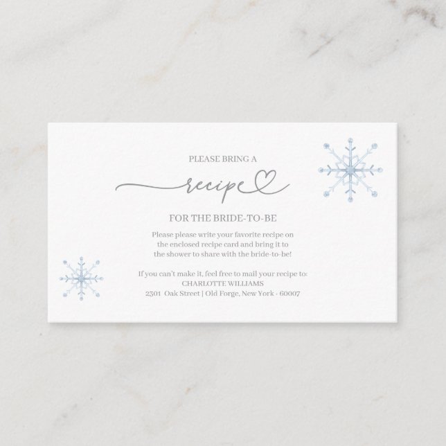 Snow In Love Bridal Shower Recipe Request Enclosure Card (Front)