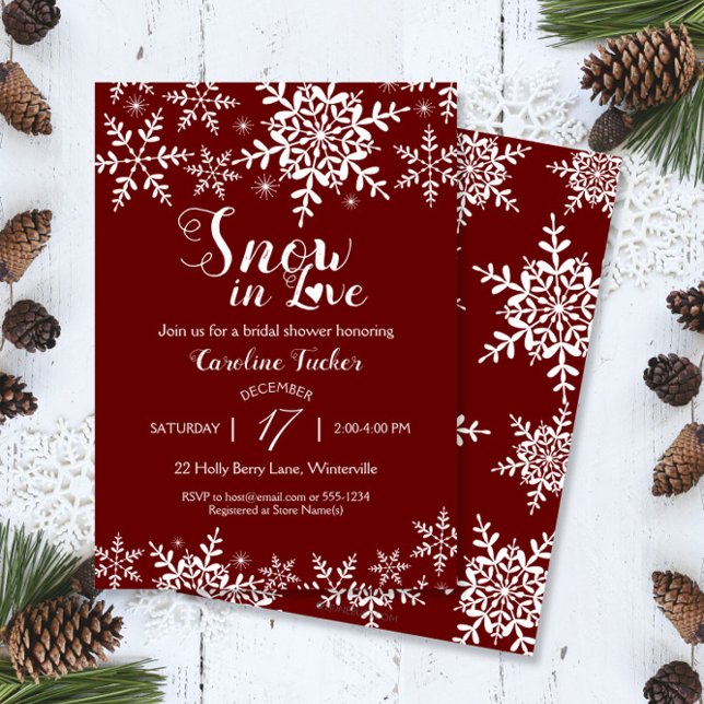 Snow in Love Christmas Dark Red Bridal Shower Invitation (Creator Uploaded)