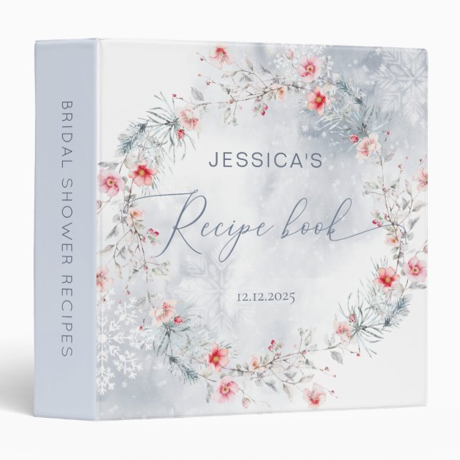 Snow in Love Dusty Blue Bridal Shower Recipe Book 3 Ring Binder (Front/Spine)