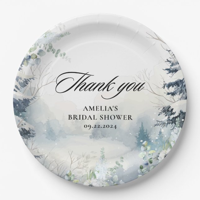 Snow in love dusty blue Winter Bridal Shower  Paper Plates (Front)