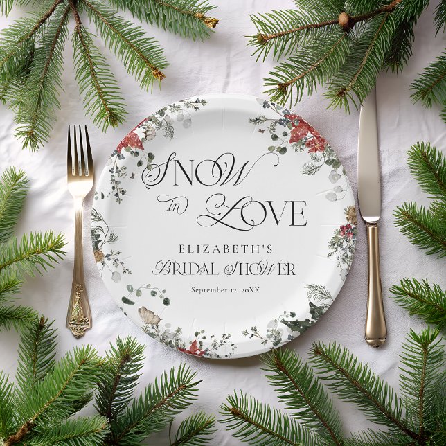Snow in Love Elegant Winter Floral Bridal Shower Paper Plates (Creator Uploaded)