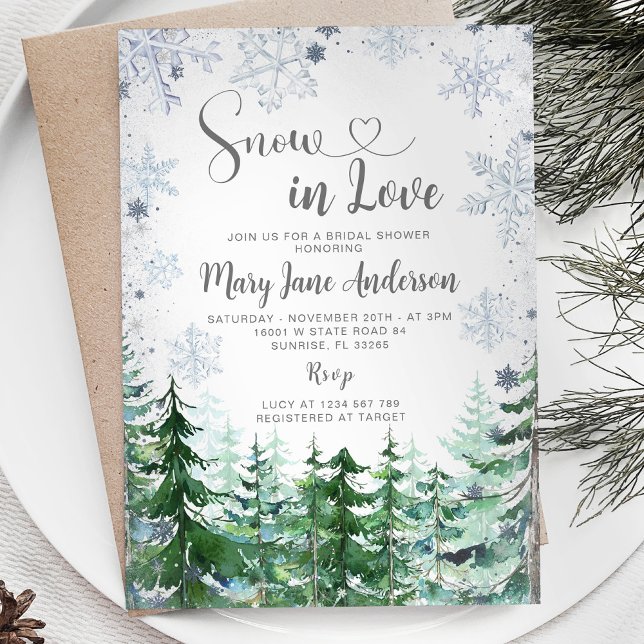  Snow in Love Pine Tree Snowflake Bridal Shower Invitation (Creator Uploaded)