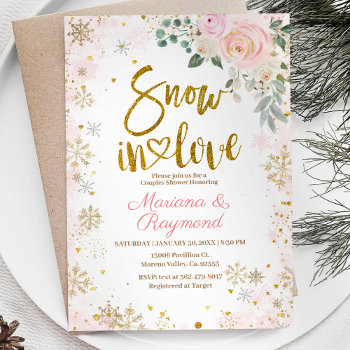 Snow In Love Pink Snowflake Floral Couples Shower Invitation by HappyPartyStudio at Zazzle