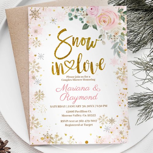 Snow In Love Pink Snowflake Floral Couples Shower Invitation