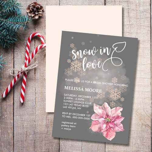 Snow in love pink snowflake pink poinsettia invitation