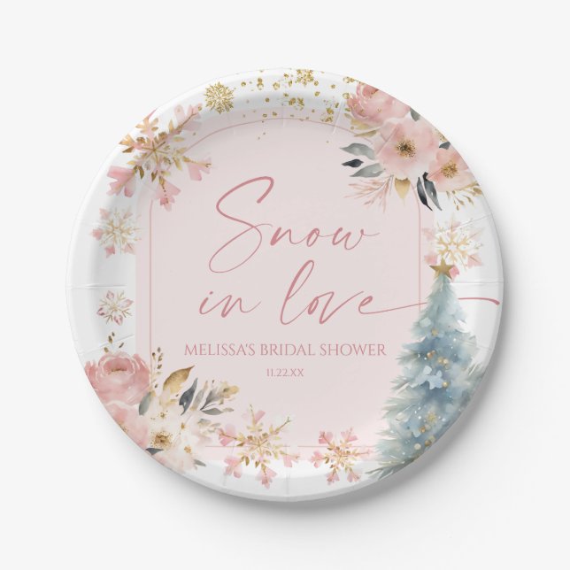 Snow In Love Pink Snowflake Winter Bridal Shower Paper Plates (Front)