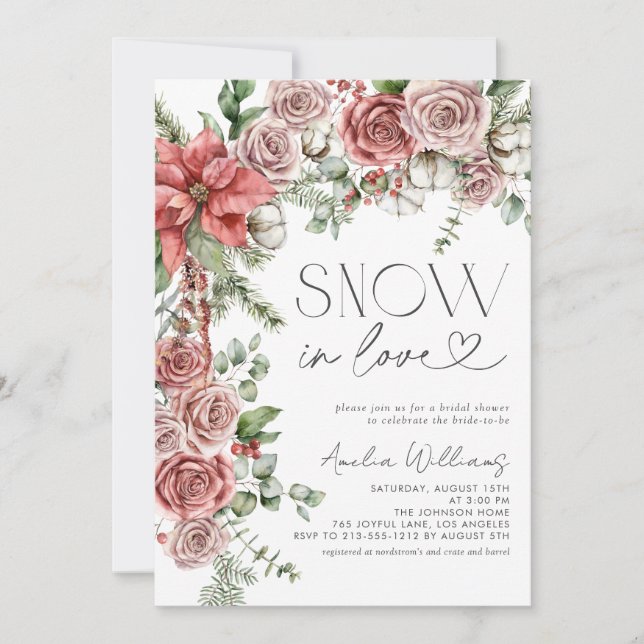 Snow in Love Red Pine Winter Flowers Invitation (Front)