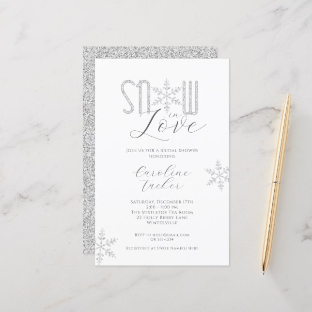 Snow in Love Silver Bridal Shower Invitation (Front/Back In Situ)
