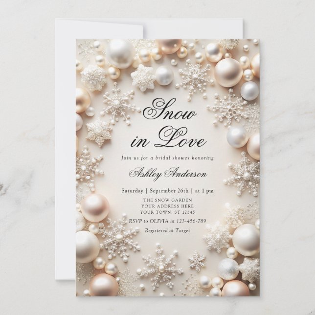 Snow in Love Snowflake Pearls Bridal Shower Invitation (Front)