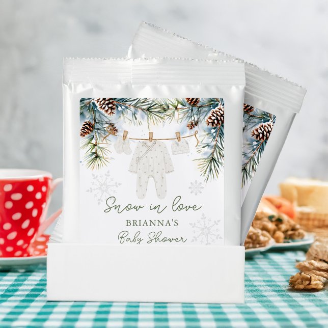 Snow in love snowflakes winter baby shower favors hot chocolate drink mix (Snow in love baby clothes on a line pines winter baby shower edible favors hot chocolate drink mix)