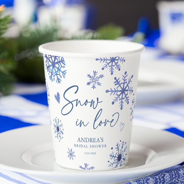 Snow in love snowflakes winter bridal shower paper cups (Snow in love dusty blue snowflakes winter bridal shower personalized paper cups customized decor)