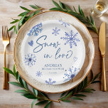 Snow in love snowflakes winter bridal shower paper plates<br><div class="desc">Snow in love snowflakes winter bridal shower monogrammed paper plates template,  dusty blue boho snowflakes doodles with hearts bridal shower personalized paper plates boho bridal shower party supplies customized paper plates</div>