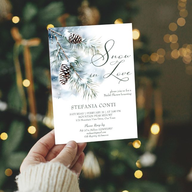Snow in love snowy pines winter bridal shower invitation (Snow in love snowy pines with pinecones winter bridal shower invitation cards template digital)