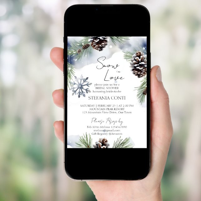Snow in love snowy pines winter bridal shower invitation (Front Digital)